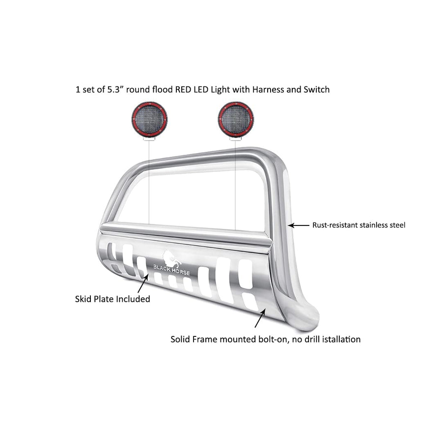 Bull Bar Kit Black Horse Skid Plate Stainless Compatible Come with Pair of 5.3" Dia. LED Flood Lights with RED Trim Ringswith 17-24 Ford F-250 /F-350/F-450/F-550 Super Duty-BB045215-SP-PLFR