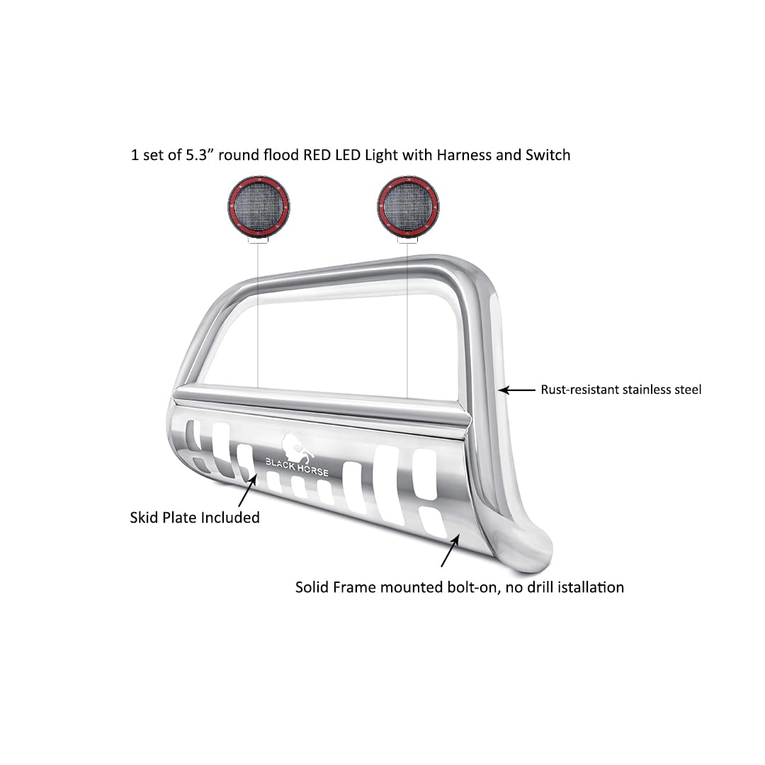 Bull Bar Black Horse Incl. Pair of 5.3" Dia.LED Lights w/Red Trim Rings Stainless Steel Compatible with 2011-2024 Dodge Durango-BBDG700-SP-PLFR