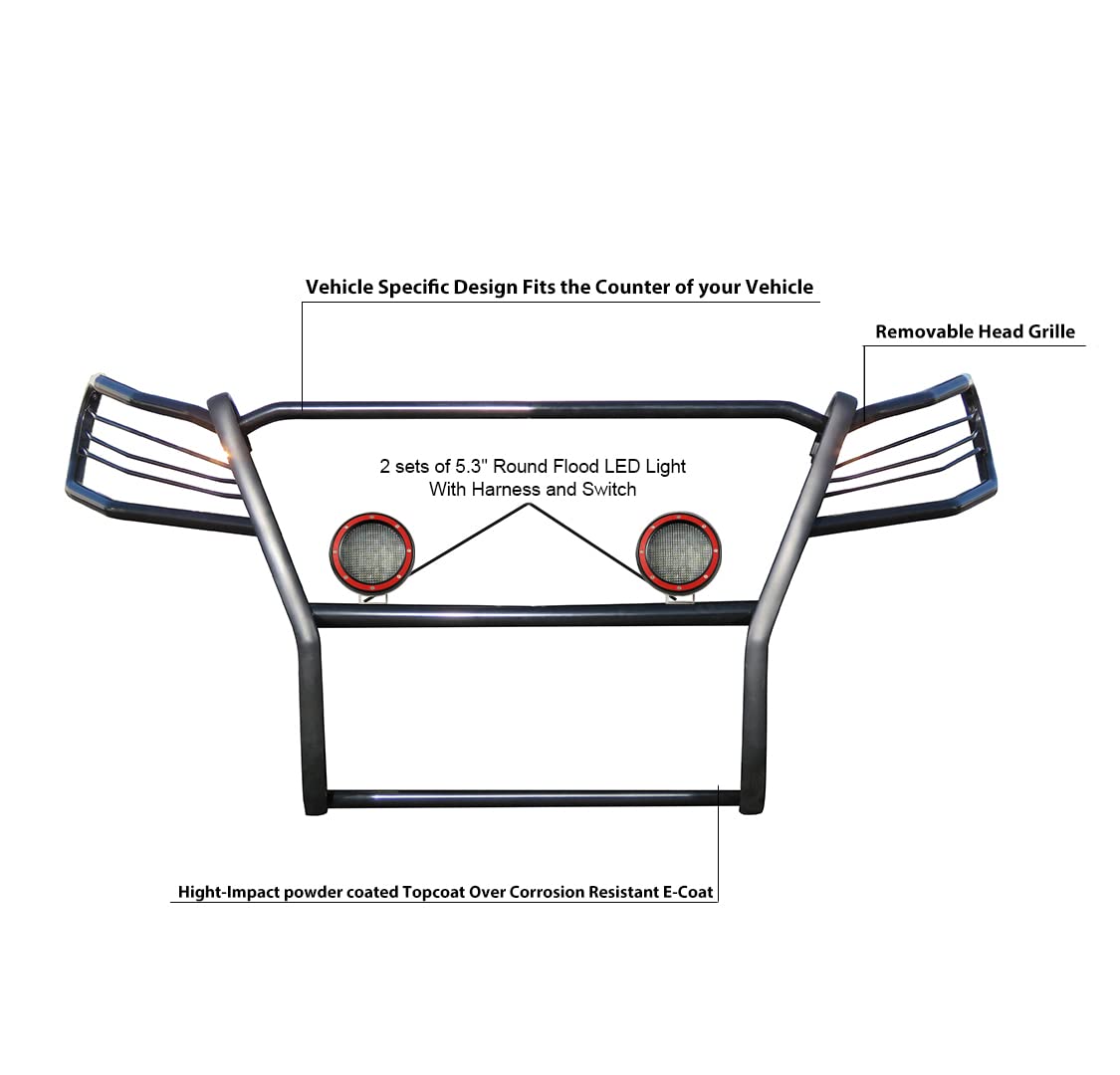 Bumper Guard Black Horse Grille Brush Modular Black Come with Pair of 5.3" Dia.LED Lights with Red Trim Rings Compatible with 2019-2023 Ford Ranger-17FP10MA-PLFR
