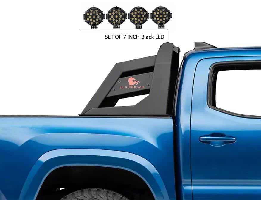 Armour Roll Bar Black Horse Matte Black incl. Pair of 7.0" Dia. LED Lights w/Black Trim Rings with 7" Black Round LED Lights - Compatible with Chevrolet, GMC, Toyota RB-AR3B-PLB