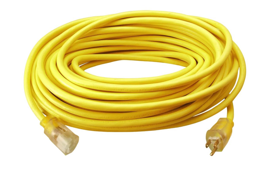Outdoor Southwire Extension Cord – Durable Vinyl Jacket for Farm, Ranch & Workshop - Lighted End With Reinforced Blades - SJTW, Yellow - 12 Gauge, 3 Prong - 50 Feet