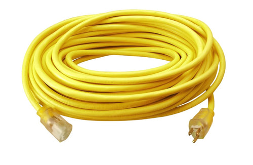 Outdoor Southwire Extension Cord – Durable Vinyl Jacket for Farm, Ranch & Workshop - Lighted End With Reinforced Blades - SJTW, Yellow - 12 Gauge, 3 Prong - 50 Feet