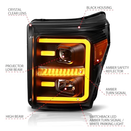 FORD SUPER DUTY ANZO USA 111406 11-16 PROJECTOR PLANK STYLE SWITCHBACK HEADLIGHTS BLACK