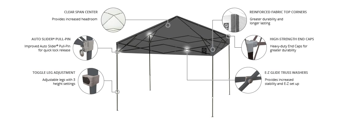 Ambassador E-Z UP Instant Pop Up Canopy Tent, 10' x 10', Roller Bag and 4 Piece Spike Set, Steel Gray
