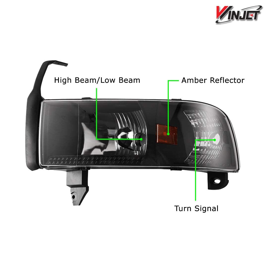 Headlights Assembly Winjet Street Series for [1994-2002 Dodge Ram 1500/94-02 Dodge Ram 2500 3500/95-02 Dodge Ram 4000], Headlamp Replacement with Dual Beam, Turn Signal Light and Amber Reflector
