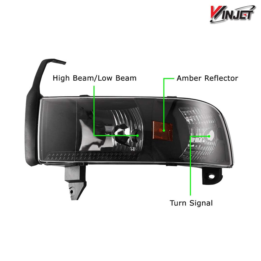 Headlights Assembly Winjet Street Series for [1994-2002 Dodge Ram 1500/94-02 Dodge Ram 2500 3500/95-02 Dodge Ram 4000], Headlamp Replacement with Dual Beam, Turn Signal Light and Amber Reflector
