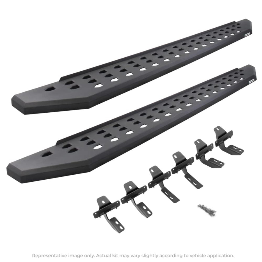 RB20 Running Boards & Brackets Go Rhino | Galvanized Steel, Protective Bedliner Coating | 69404887T | Fits 2019 - 2025 Chevrolet Silverado & GMC Sierra Crew Cab (See description)