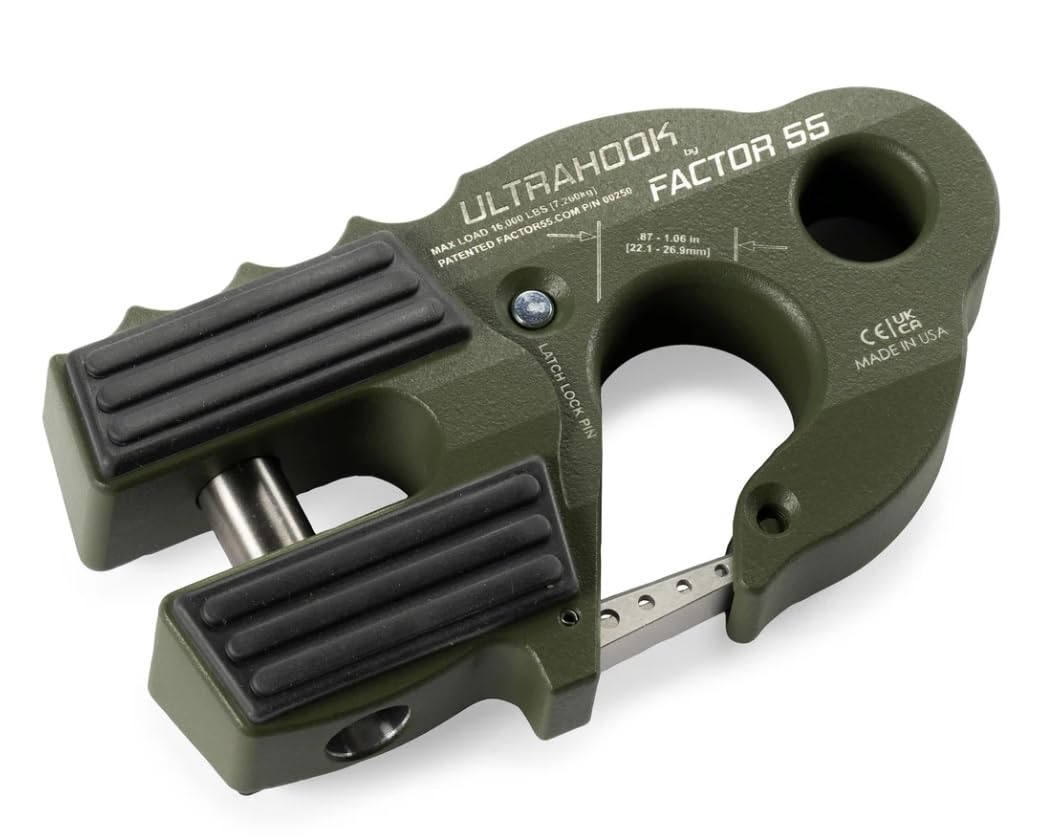 Ultrahook Winch Hook Factor 55 Closed System Shackle Max Load 16,000 lbs ULT Strength Shackle Pin Mount 48,000 lbs Offroad 4x4 Adventure – OD Green