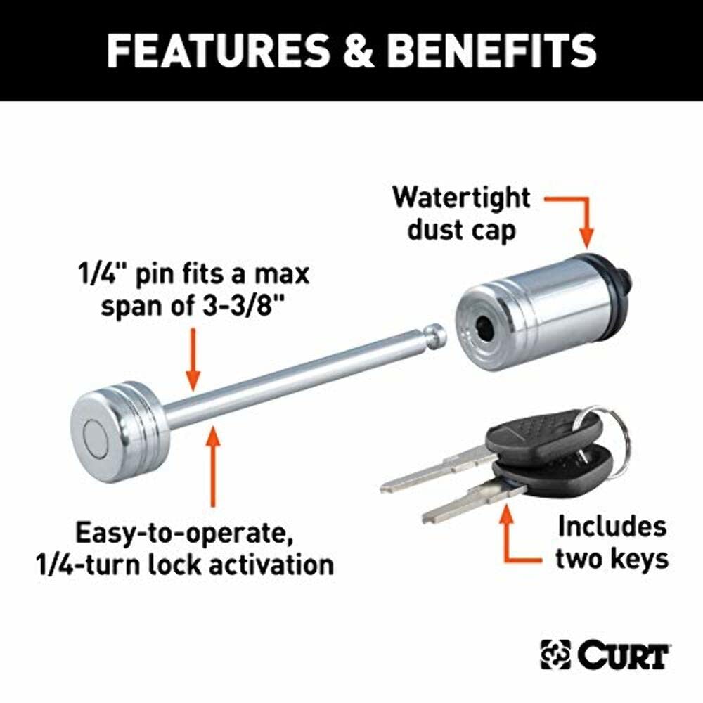 CURT Chrome Trailer Tongue Coupler Lock, 1/4-Inch Pin Diameter, Span Up to 3-3/8-Inch