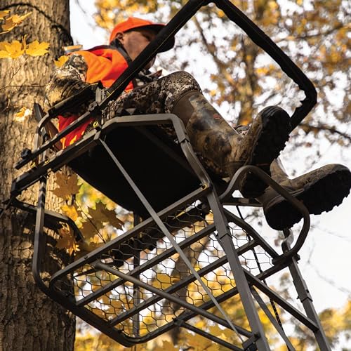 Retreat™ LS 1-Man Ladder Stand, Rivers Edge® 17’11” Height, Lockdown™ Strapping System, Flip-Up TearTuff™ Mesh Seat, 27” Deep Platform, 2-Way Adjustable Shooting Rail, RE670