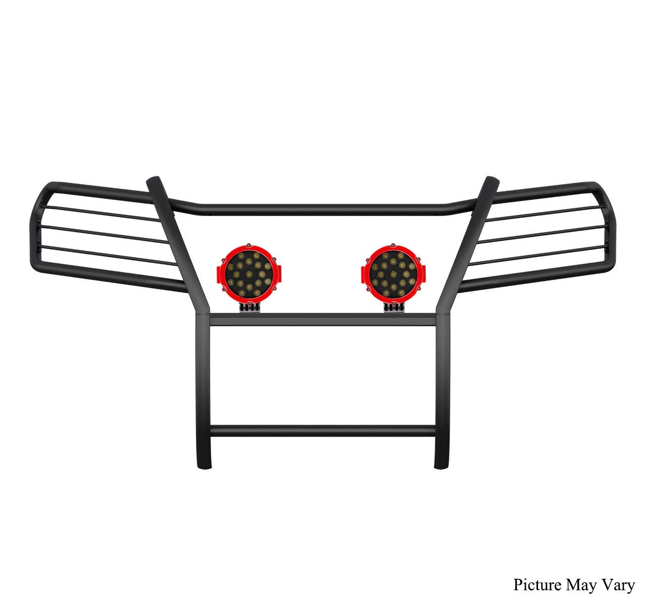Bumper Guard Black Horse Grille Brush Modular Black Come with Pair of 7.0" Dia.LED Lights with Red Trim Rings Compatible with 2016-2019 Honda Ridgeline-17H01MA-PLR