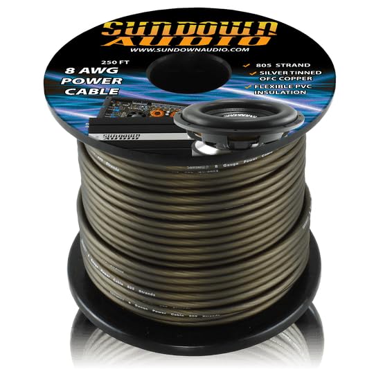 8 AWG Sundown Audio CBL-8B250 Power Cable – 250FT Spool, Black Tinned OFC Copper, 805 Strands, Ultra-Flexible PVC – High Current Car Audio Amplifier & Subwoofer Wire (Black)