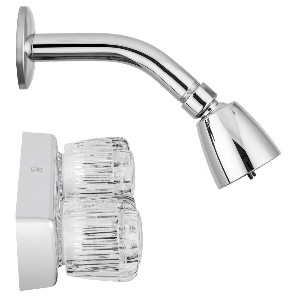 Dura Faucet Wall Mounted Economical Shower Faucet and Shower Head with Arm Trim Kit, Crystal Acrylic Knobs (Chrome Polished)
