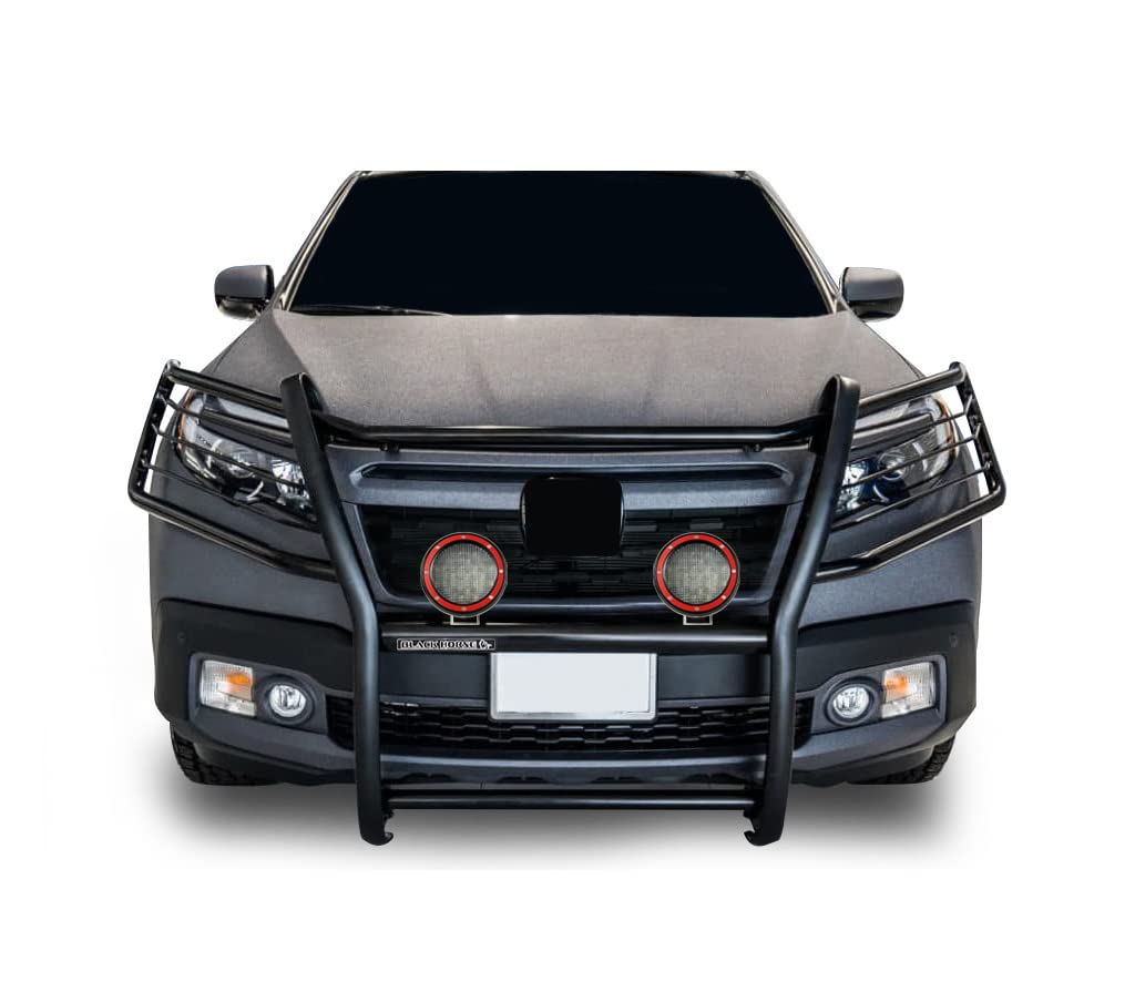 Bumper Guard Black Horse Grille brush Modular Come With Pair of 5.3" Dia.LED Lights with Red Trim Rings Compatible with 2016-2019 Honda Ridgeline-17H01MA-PLFR