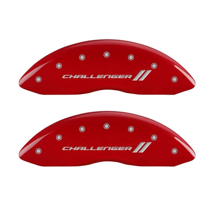 Brake Caliper Covers for 2011-2023 Dodge Challenger & 2011-2023 Dodge Charger - MGP Caliper Covers (Requires Dual Piston Front Caliper) Front and Rear Set - Engraved CHALLENGER // Logo (Red)