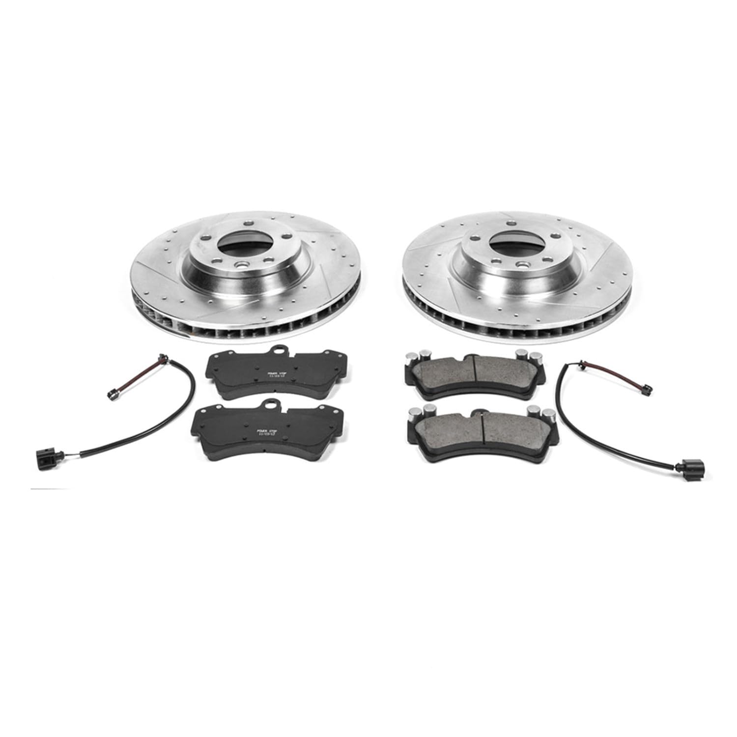 Power Stop K4558 Z23 Carbon Fiber Brake Pads Front with Drilled & Slotted Brake Rotors Kit and 2 Front Sensor Wires For Audi Q7, Porsche Cayenne, Porsche Cayenne, VW Touareg [Model Specific]