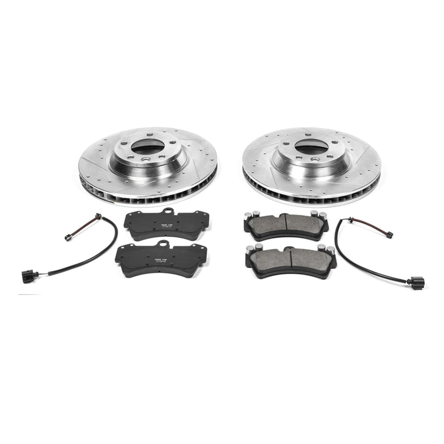 Power Stop K4558 Z23 Carbon Fiber Brake Pads Front with Drilled & Slotted Brake Rotors Kit and 2 Front Sensor Wires For Audi Q7, Porsche Cayenne, Porsche Cayenne, VW Touareg [Model Specific]