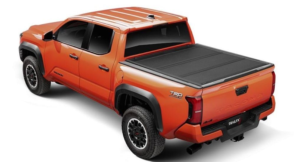 Toyota Tacoma Hard Tri-Fold Tonneau Cover Fits 6 Foot Bed 2024-2025 Lockable 3 Panel Folding Gloss Black Powder Coated Aluminum Low Profile Truck Bed Cover TrailFX TFX8014