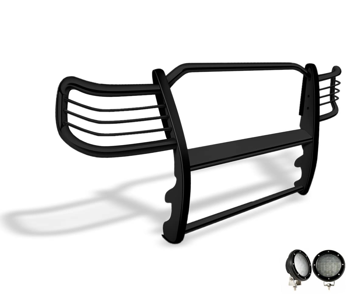 Grille Brush Black Horse Bumper Guard Modular Come with Pair of 5.3" Dia.LED Lights with Black Trim Rings Compatible with 2003-2009 Lexus GX470|2003-2009 Toyota 4Runner-17TU26MA-PLFB