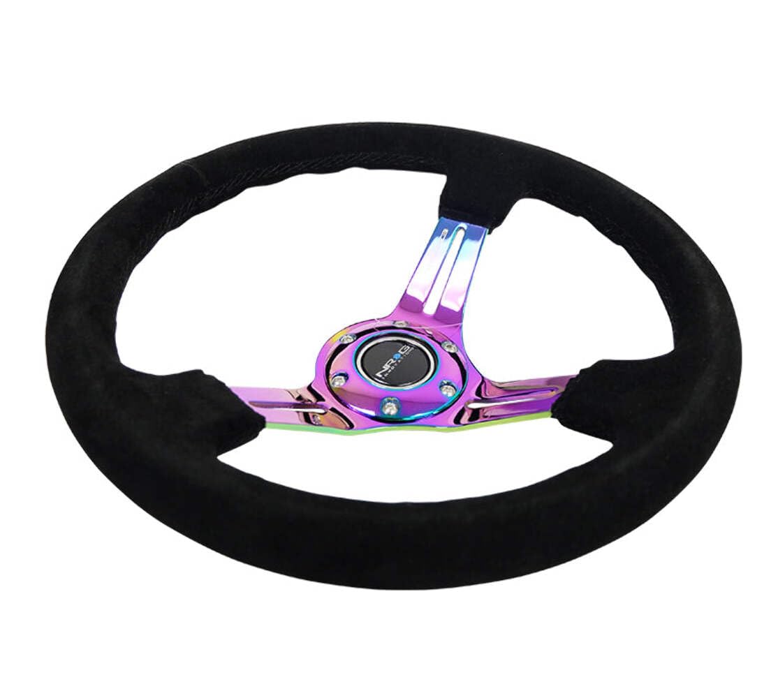 NRG Innovations Reinforced NRG-RST-018S-MCBS Steering Wheel 350mm 75mm Deep Sport Steering Wheel Suede (3" Deep) Black Stitch With Slits In Neochrome Double Riveted Spokes