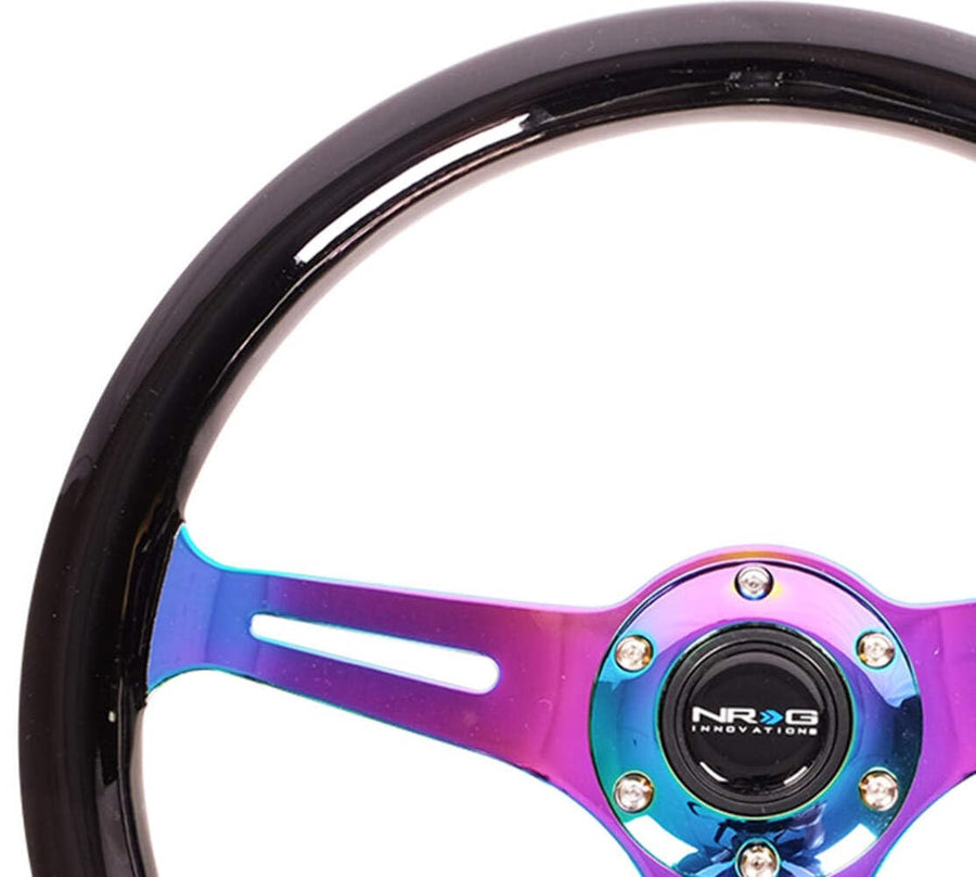 NRG Innovations Steering Wheel NRG-ST-015MC-BK - 350mm 25mm Deep Configuration, Classic Wood Grain Wheel 3 Neochrome Spokes, Black Paint Grip