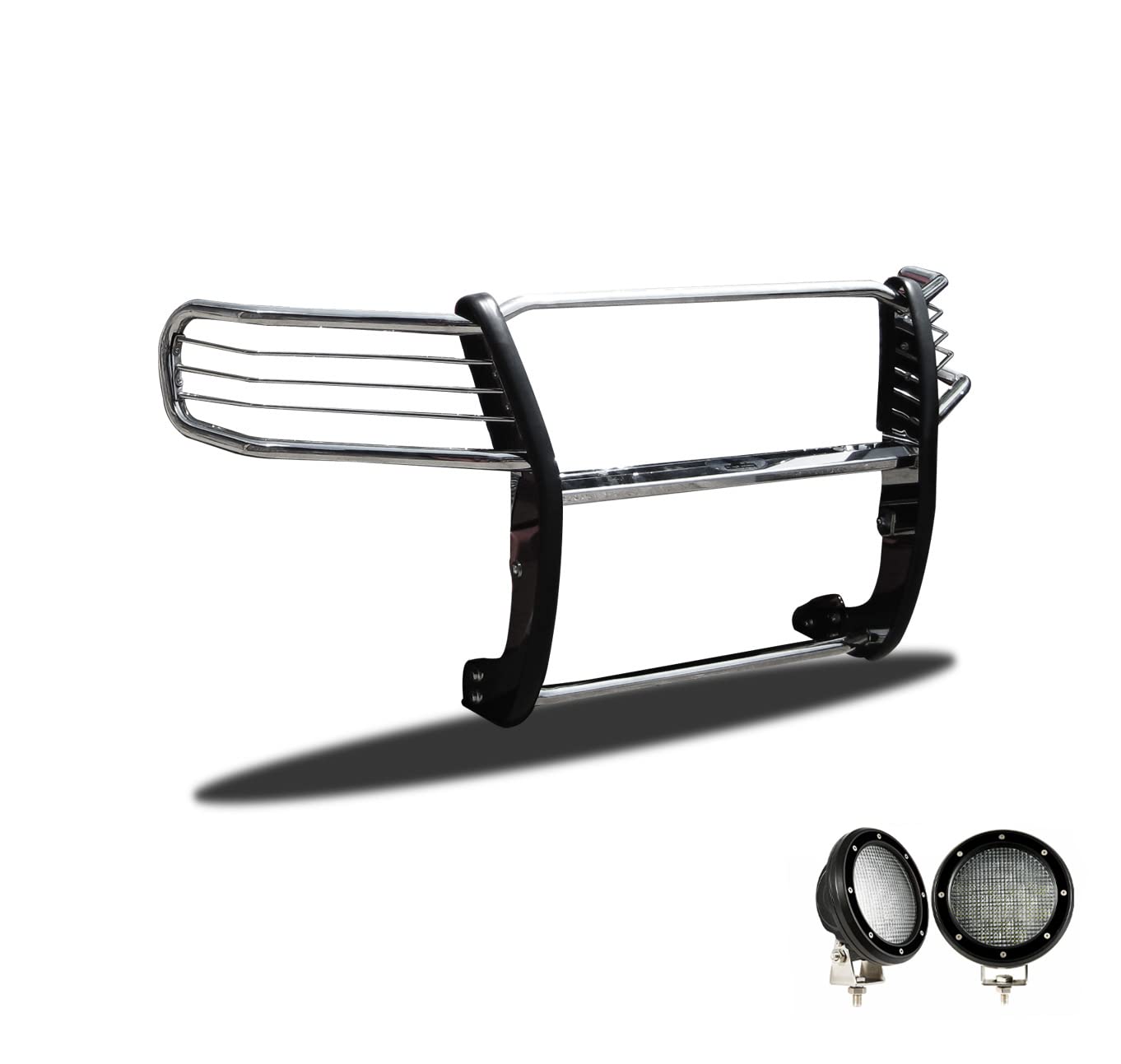 Bumper Guard Black Horse Grille brush Modular Stainless Steel Come with Pair of 5.3" Dia.LED Lights with Black Trim Rings Compatible with 2016-2022 Honda Pilot-17H151402MSS-PLFB