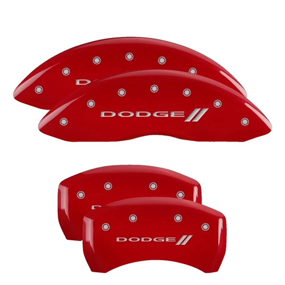 Brake Caliper Covers for 2011-2023 Dodge Challenger & 2011-2023 Dodge Charger - MGP Caliper Covers (Requires Dual Piston Front Caliper) Front and Rear Set - Engraved DODGE // Logo (Red)