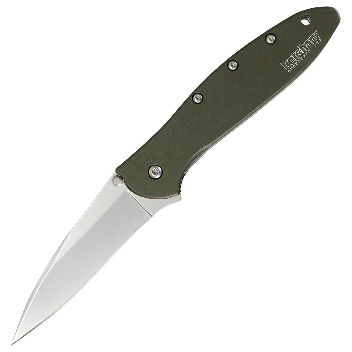 Kershaw Pocket Knife Leek, Olive Drab (1660OL) 3 Bead-Blasted Sandvik 14C28N Steel Blade, Olive Drab Anodized Aluminum Handle with SpeedSafe Assisted Opening, Liner Lock, Tip-Lock Slider; 2.4 OZ.