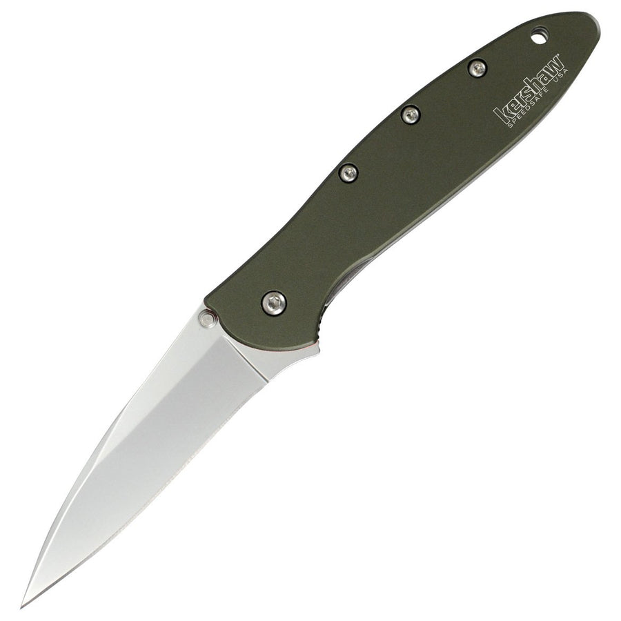Kershaw Pocket Knife Leek, Olive Drab (1660OL) 3 Bead-Blasted Sandvik 14C28N Steel Blade, Olive Drab Anodized Aluminum Handle with SpeedSafe Assisted Opening, Liner Lock, Tip-Lock Slider; 2.4 OZ.