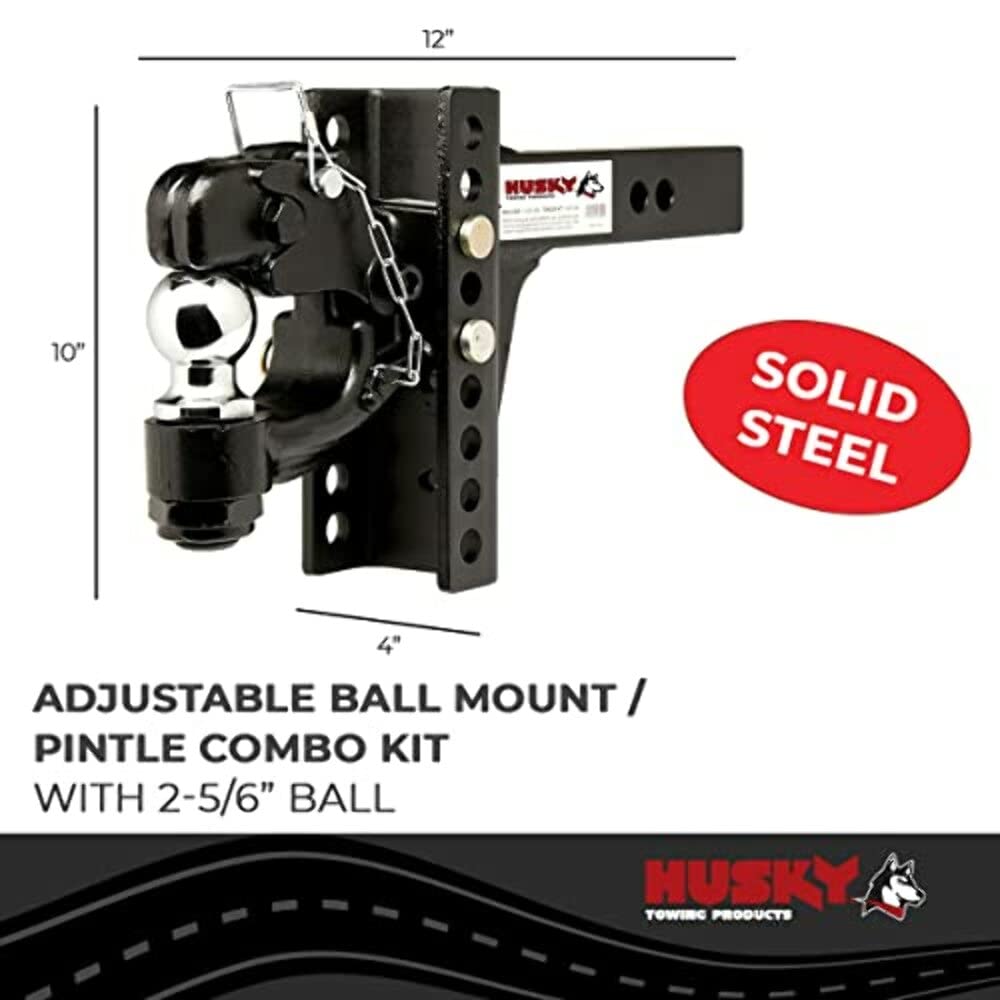 Pintle Hook Husky Towing 33110 with 2-5/16 Inch Ball 2 Inch Receiver Mount 13,000 lbs Hook Capacity Black Powder Coated Steel Solid Shank
