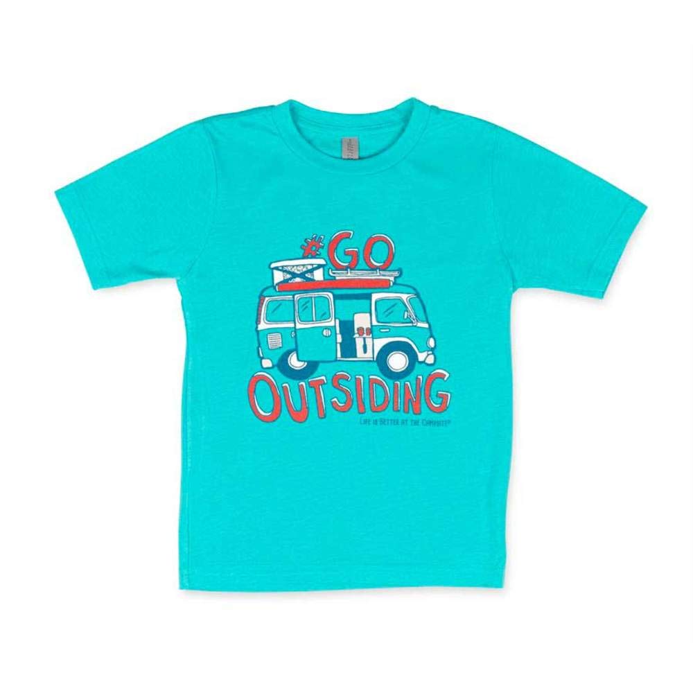 Camco Crew Neck Life is Better at The Campsite Short Sleeve Kids T-Shirt | Features Soft Ring-Spun Cotton Fabric, Go Outsiding Design on Tahiti Blue, and is Machine Washable | Small (53406)