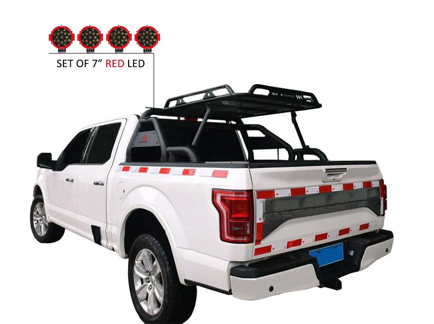 Warrior Black Horse Roll Bar Incl. Pair of 7.0" Dia.LED Lights Compatible with 1/2 TON Trucks (GM Silverado 14+/Ford F150 15+/Dodge RAM 15+) with Full Size Cargo Basket(with RED Brake Light)