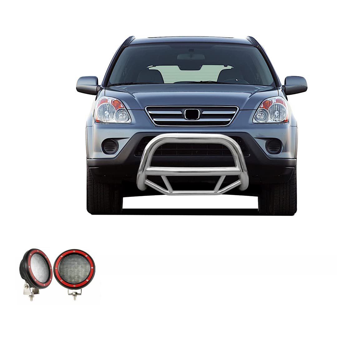 Max Bull Bar Black Horse Incl. Pair of 5.3" Dia.LED Lights w/Red Trim Rings No Skid Plate Stainless Steel Compatible with 2002-2006 Honda CR-V-MBS-HOB3301-PLFR