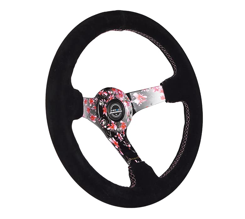 NRG Innovations Reinforced Steering Wheel NRG-RST-036SAK-S Hydro Dipped Sakura Floral 3" Deep, 5mm Spoke, 350mm, Pink Suede with Black Baseball Stitching