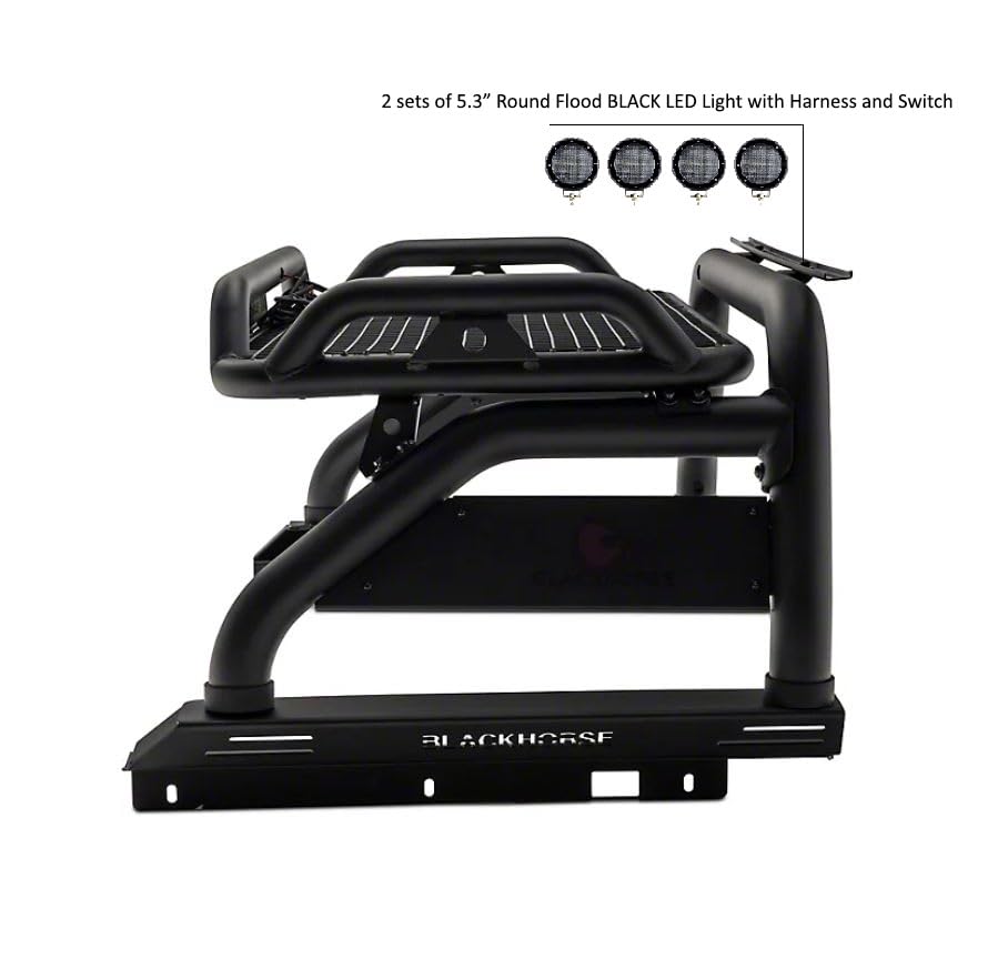 Atlas Roll Bar Black Incl. Set of 5.3" Dia.Led Lights w/Black Trim Rings Compatible with 2005-2021 Nissan Frontier-ATRB7BK-PLFB