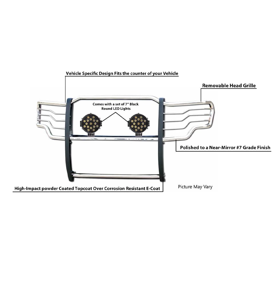 Grille Brush Black Horse Bumper Guard Modular Stainless Steel Come with Pair of 7.0" Dia.LED Lights with Black Trim Rings Compatible with 2015-2024 Ford F-150-17FP32MSS-PLB