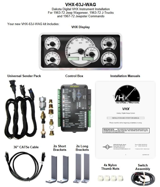 Dakota Digital VHX-63J-WAG-K-R Gauge Dash System Analog Compatible with Jeep 1963-72 Wagoneer & J Trucks, 1967-72 Jeepster Commando, Black Alloy Style, Red Backlighting