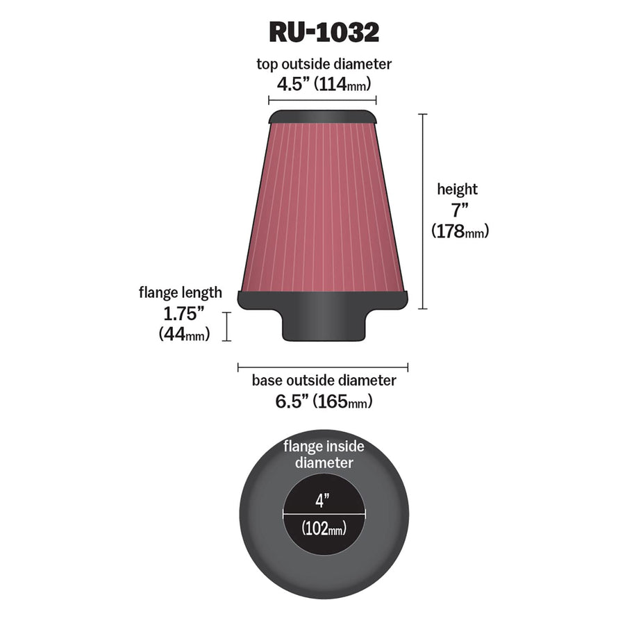 High-Flow K&N Original Lifetime Universal Clamp-On Air Filter: High Performance, Premium, Washable: Flange Diameter: 4 In, Filter Height: 7.0 In, Flange Length: 1.75 In, Shape: Round Tapered, RU-1032