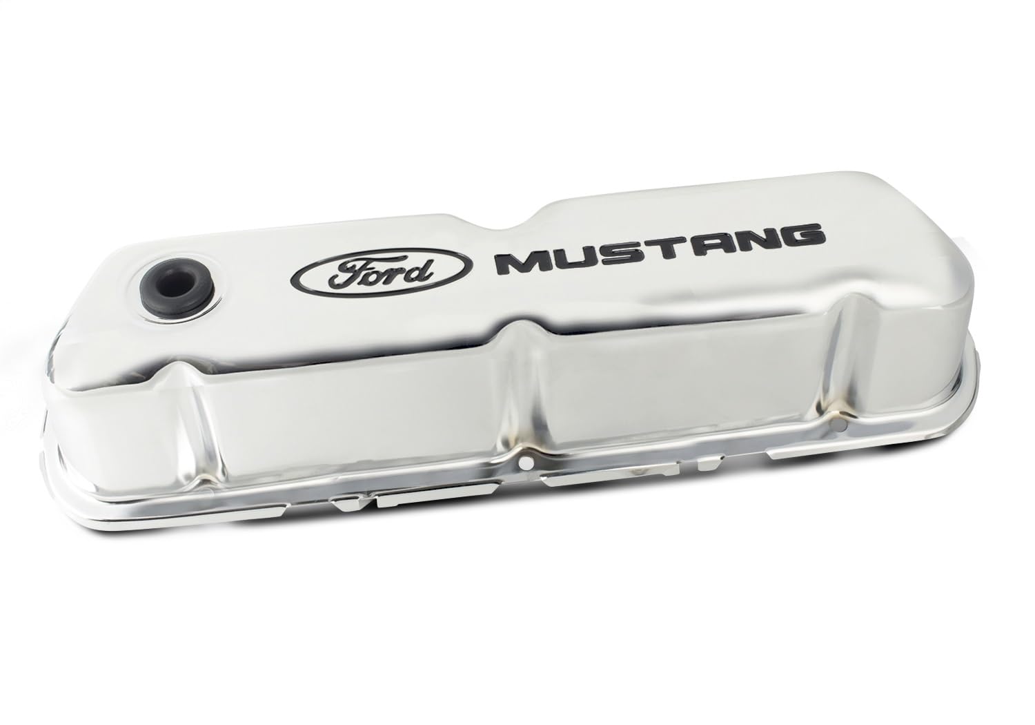 Ford Tall Valve Cover, Baffled, Breather Hole, Ford Mustang Logo, Steel, Chrome