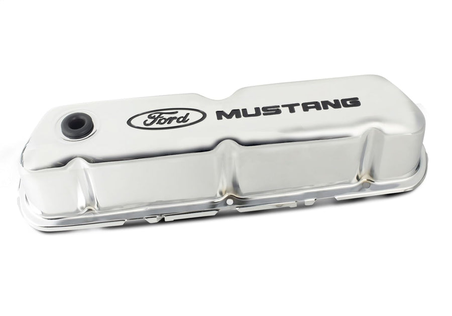 Ford Tall Valve Cover, Baffled, Breather Hole, Ford Mustang Logo, Steel, Chrome