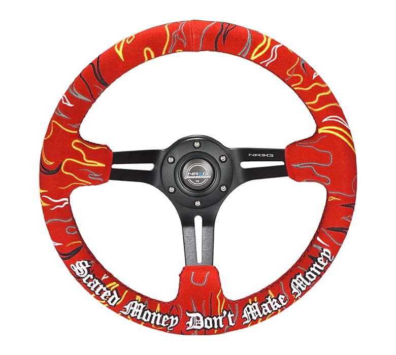 NRG Innovations Reinforced Steering Wheel NRG-RST-018MB-RLR, 3" Deep, 5 mm Black Spoke with Slit Spokes, Red Alcantara, Red Stitching