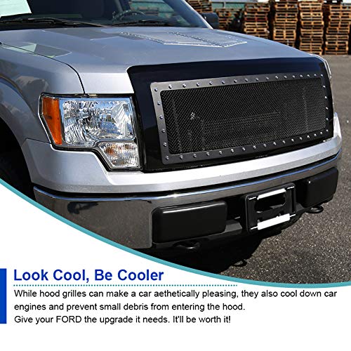 Glossy Black Spec-D Tuning Stainless Steel Rivet Mesh Style Front Hood Grille Compatible with 2009-2014 Ford F150