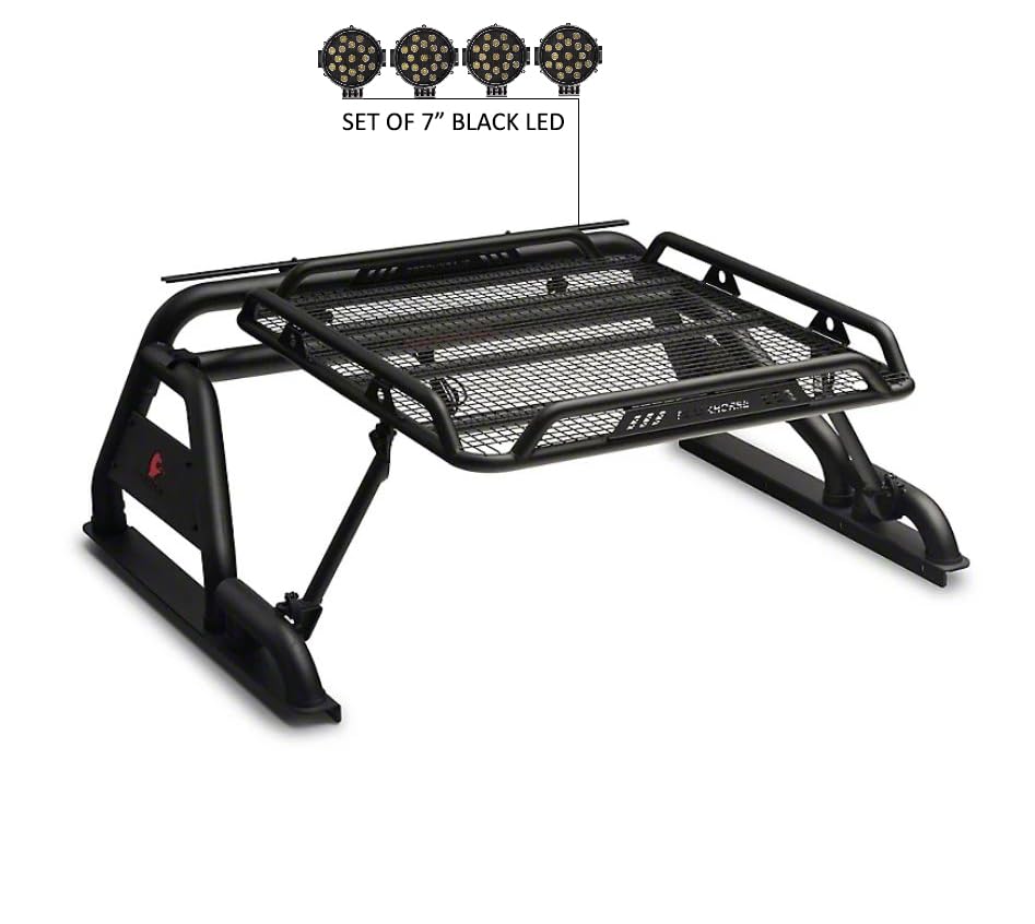 Warrior Black Horse Roll Bar incl. Pair of 7.0" Dia.LED Lights w/Black Trim Rings Compatible with 1/2 TON Trucks (GM Silverado 14+/Ford F150 15+/Dodge RAM 15+) with Full Size Cargo Basket