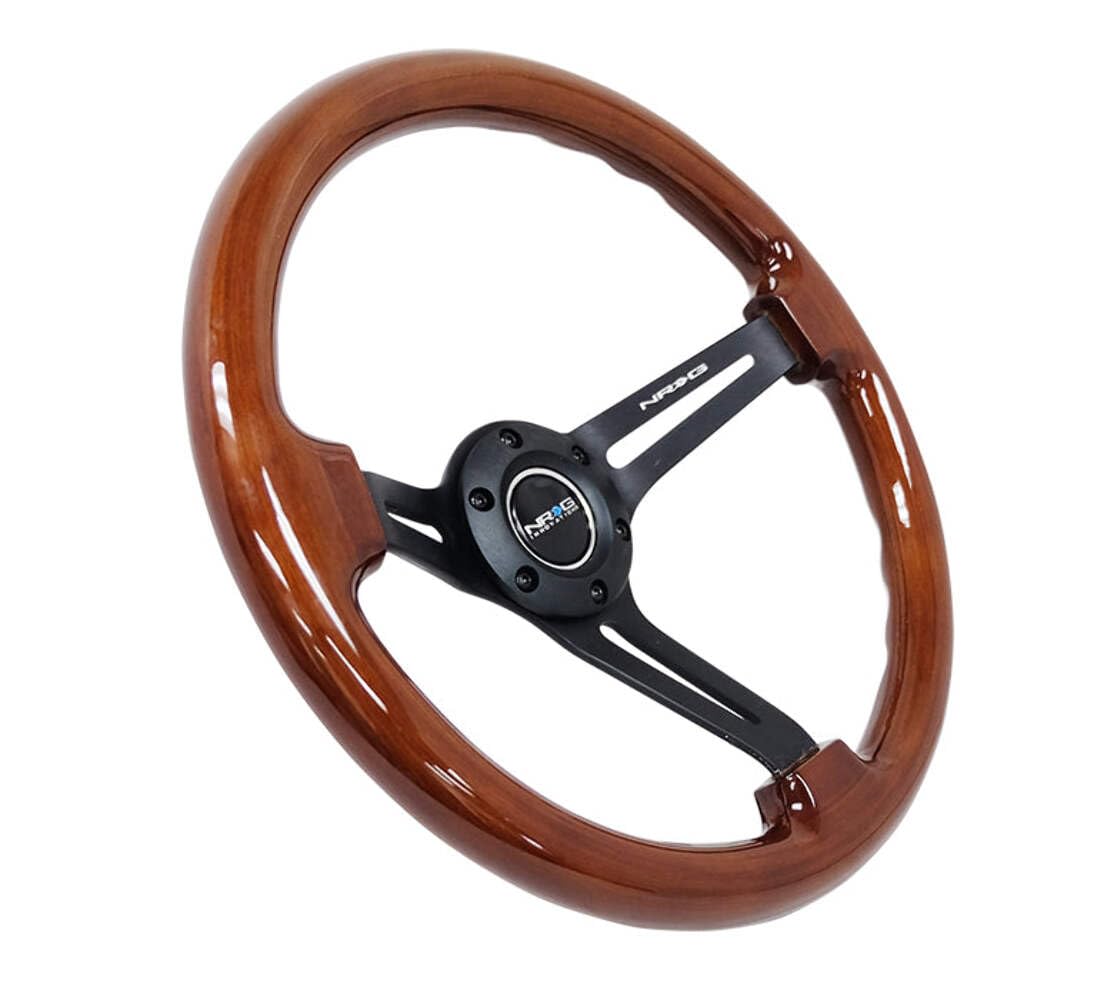 NRG Innovations Reinforced NRG-RST-018BR-BK Classic Wood Grain Steering Wheel, 350mm, 75mm Deep, 3 Spoke Slotted Center Black With Brown Painted Wood, Double Riveted Spokes