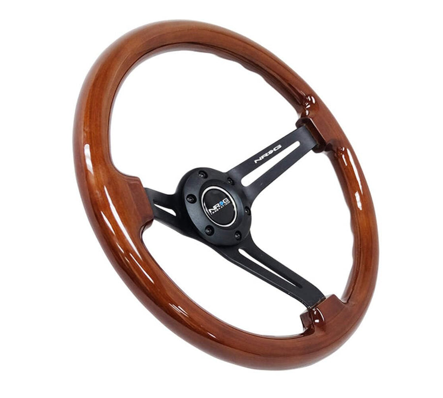 NRG Innovations Reinforced NRG-RST-018BR-BK Classic Wood Grain Steering Wheel, 350mm, 75mm Deep, 3 Spoke Slotted Center Black With Brown Painted Wood, Double Riveted Spokes