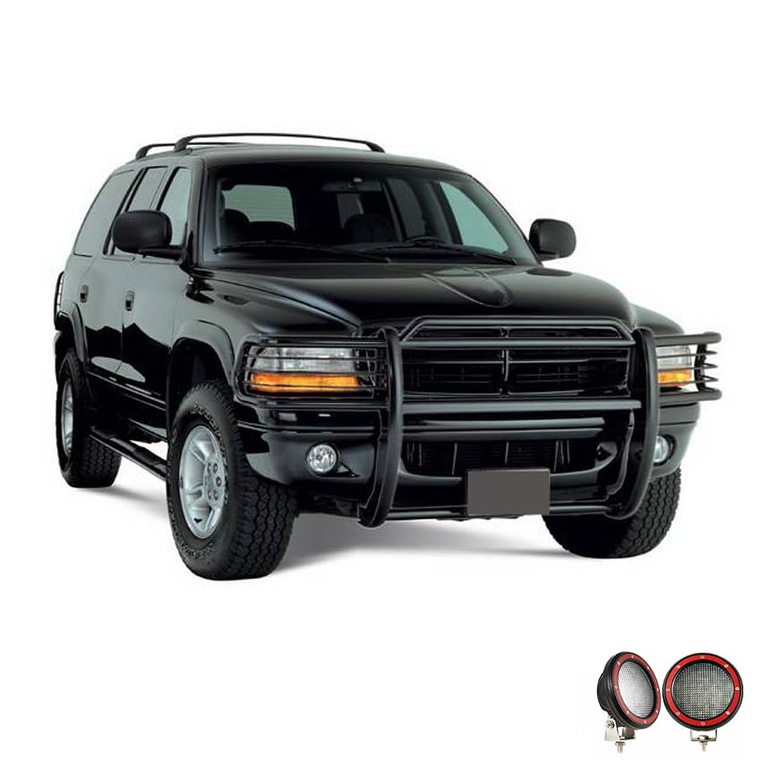 Bumper Guard Black Horse Grille Brush Modular Black Come with Pair of 5.3" Dia.LED Lights with Red Trim Rings Compatible with 1997-2004 Dodge Dakota|2000-2003 Dodge Durango-17BH23MA-PLFR