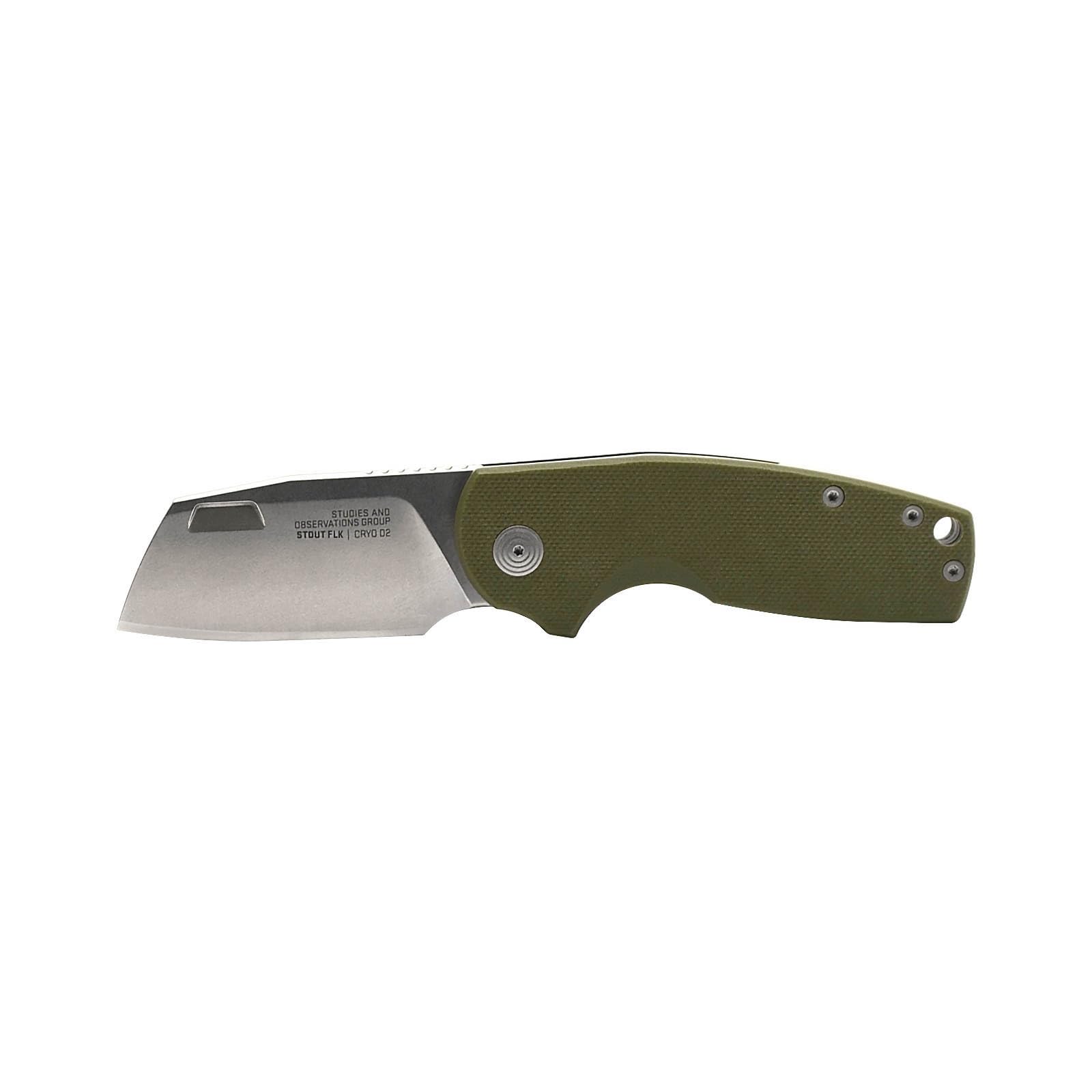 SOG FLK Stout Cleaver Daily Carry Folding Knife | G10 & Steel Handle | CRYO D2 Steel Blade| Short-Blade Frame Lock Folder, OD Green/Stonewash