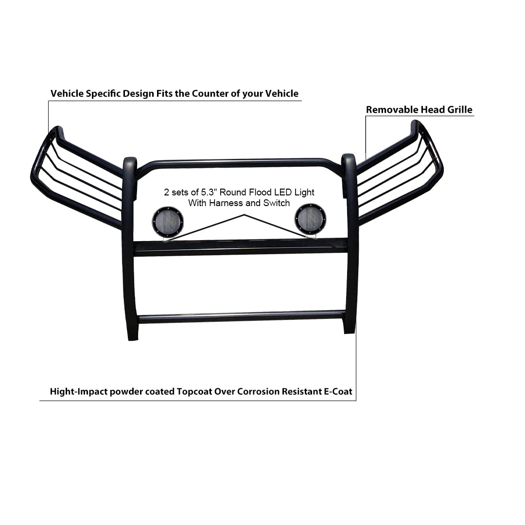 Grille Brush Black Horse Bumper Guard Modular Black Come with Pair of 5.3" Dia.LED Lights with Black Trim Rings Compatible with 2019-2024 Toyota RAV4-17A093904MA-PLFB