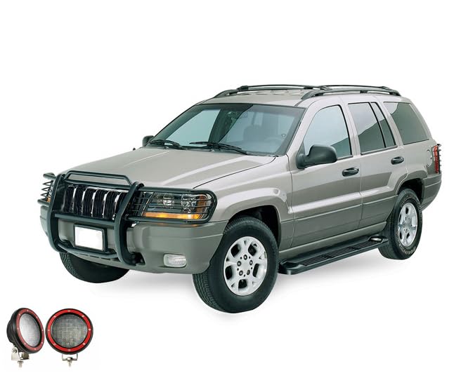 Bumper Guard Black Horse Grille Brush Modular Black Come with Pair of 5.3" Dia.LED Lights with Red Trim Rings Compatible with 1999-2004 Jeep Grand Cherokee-17EB26MA-PLFR