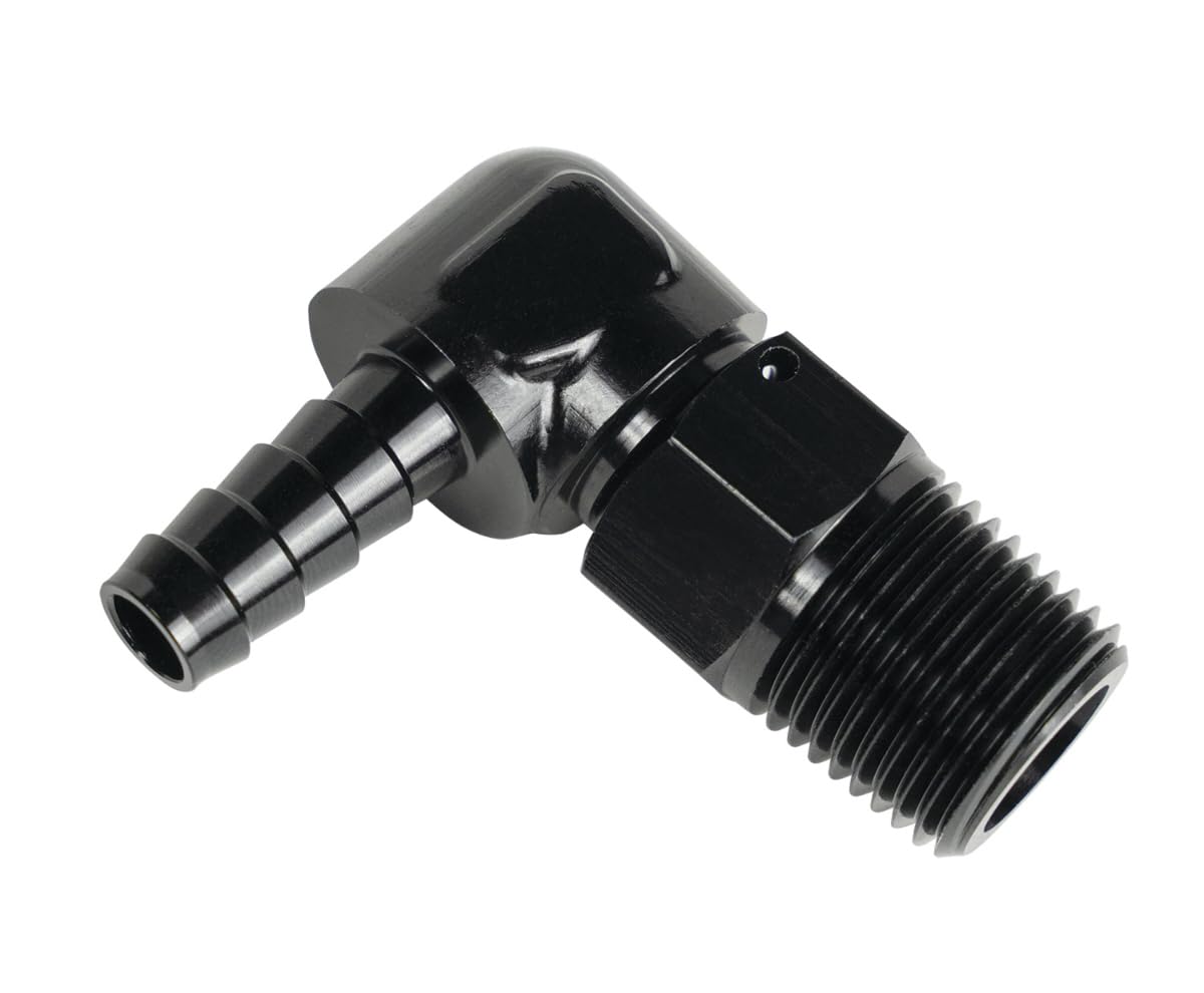 Adapter DERALE Fitting, 90 Degree, 7/8-14 in NPT Male to 1/2 in Hose Barb, Aluminum, Black Anodized, Each